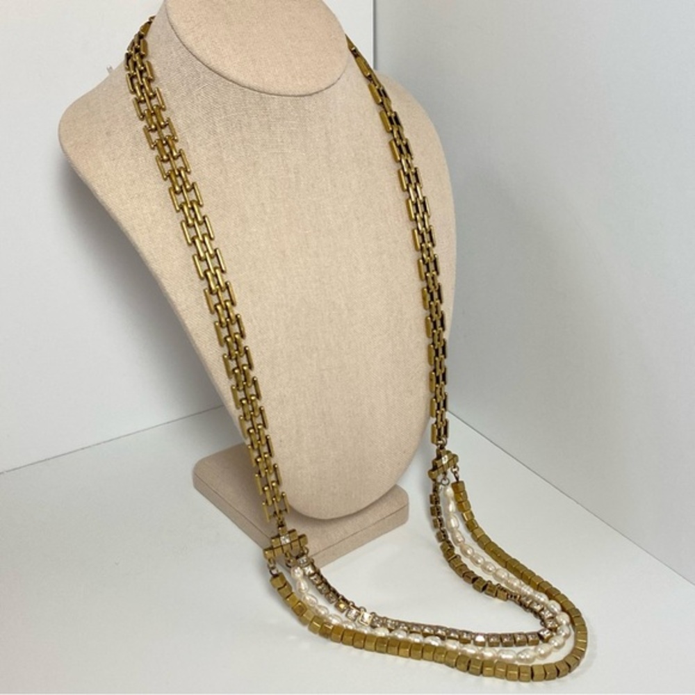 Ann Taylor Vintage Long Panther Chain Faux Pearl Rhinestone Antique Gold Tone - Picture 6 of 12